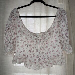 For Love & Lemons Floral Eyelet Lace Puff Sleeve Crop Top White Pink Size M